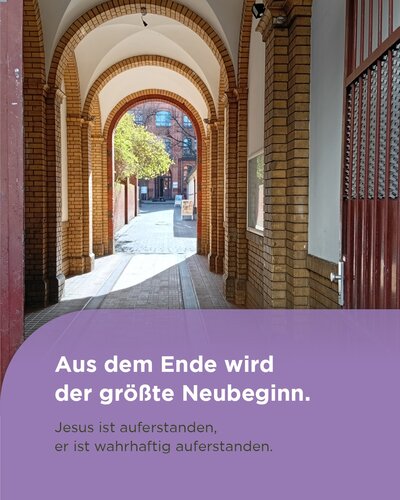 Ostern: Neustart

Aus dem Ende wird ein Anfang
Aus Dunkelheit wird Licht
Aus Tod wird Leben

Wir glauben: Gottes Liebe...